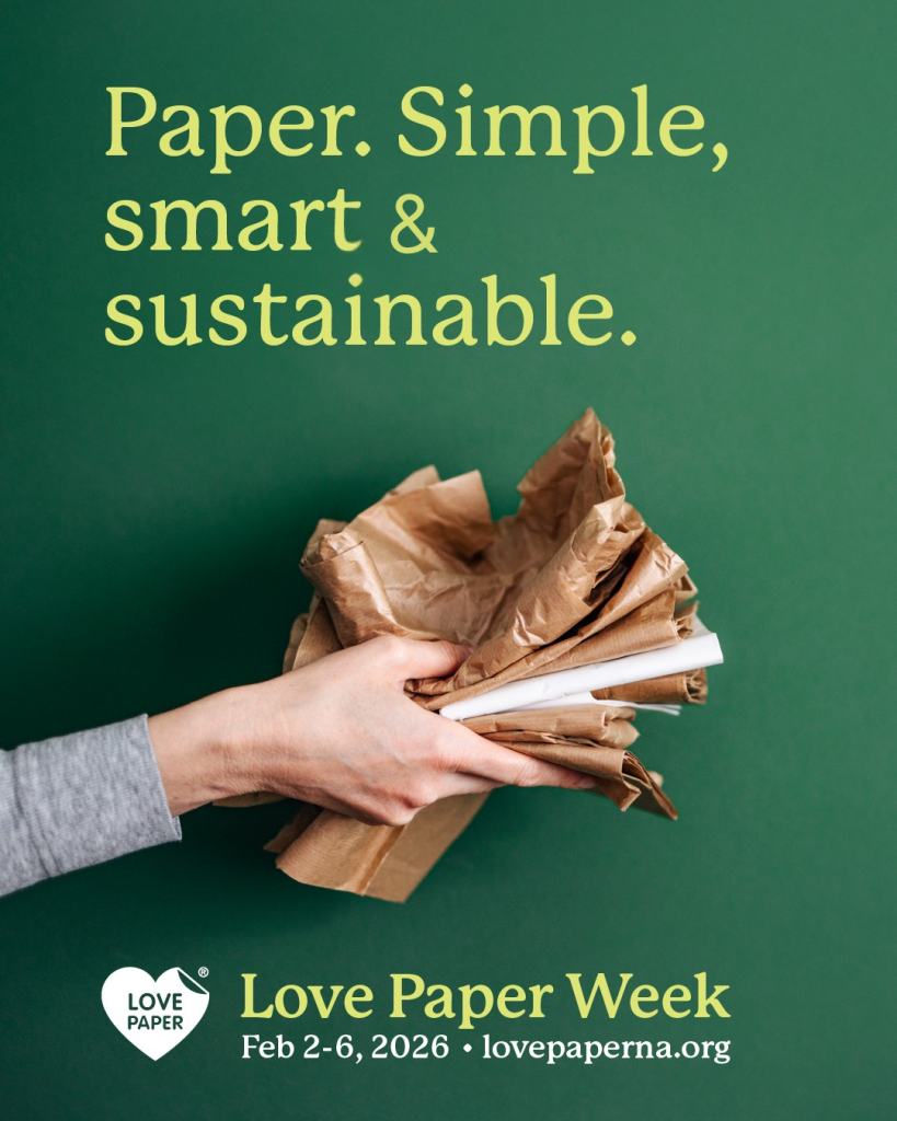 Love Paper Week campaign flyer
that has a woman holding paper bags 