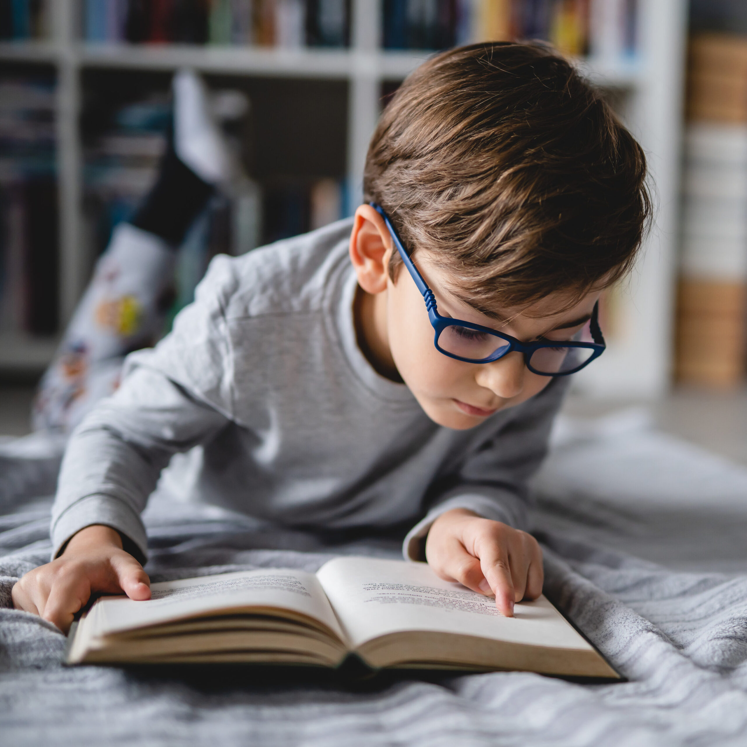 One caucasian boy lying on the floor at home in day reading a book front view copy space real people education concept.

Keyword: The Whole Story